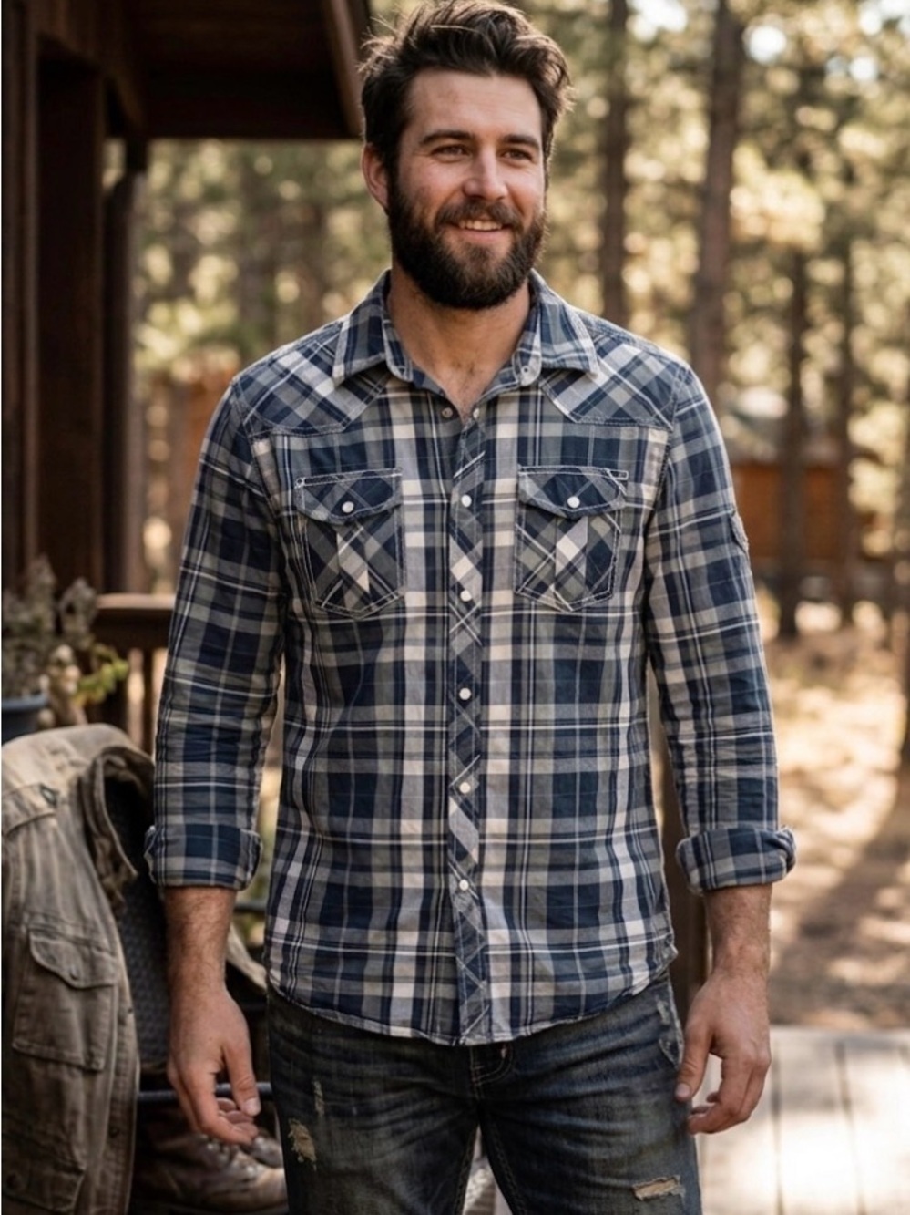 BKE Vintage 67 Athletic Fit Men’s Navy, Gray and White Plaid Shirt size medium